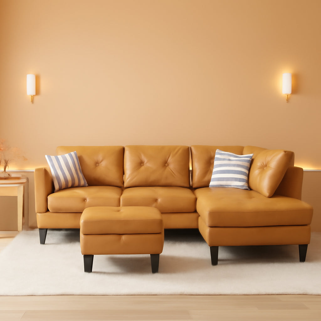 Leather Sectional  L Shape Sofa With Storage Ottoman - Ginger