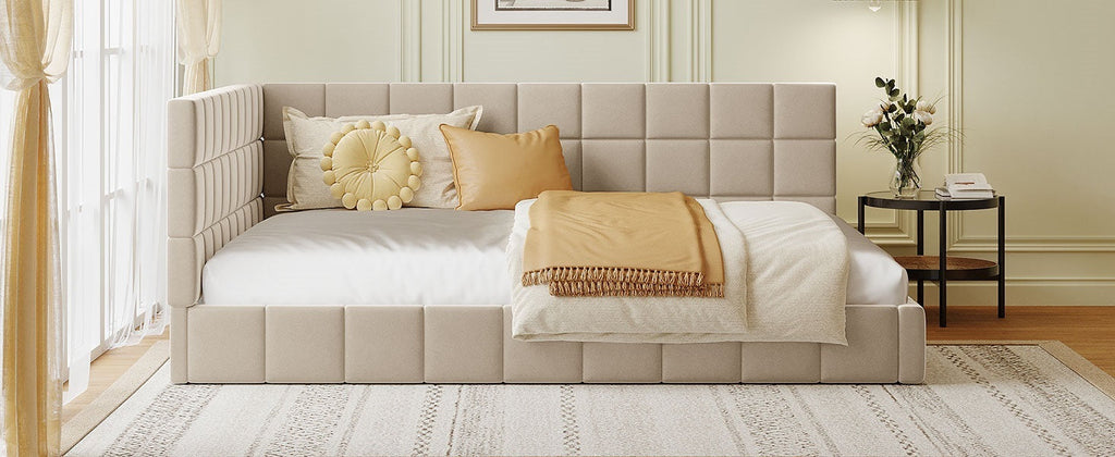 Full Size Beige Velvet Upholstered Daybed