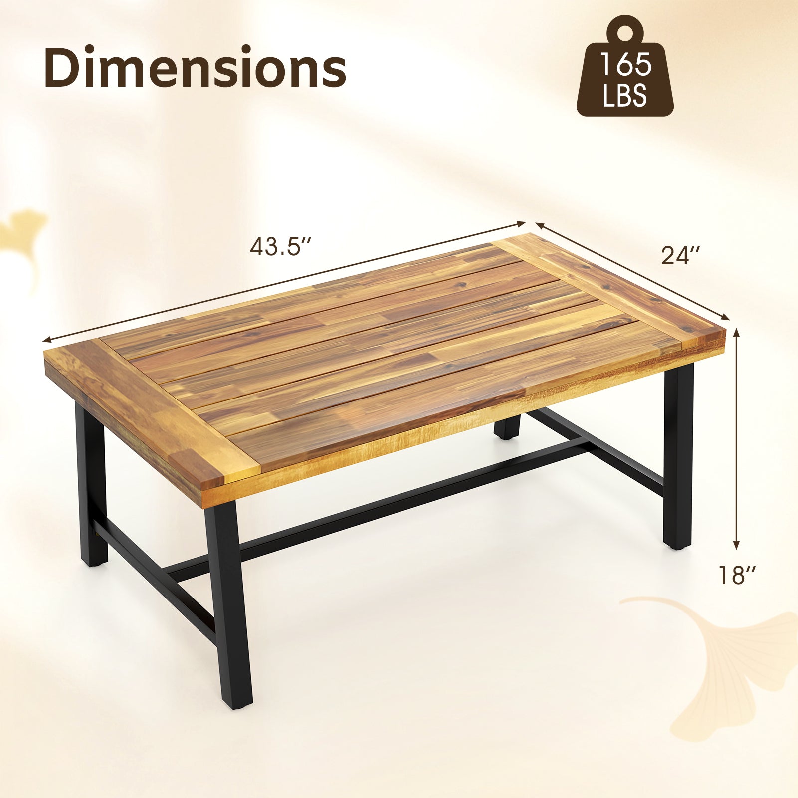 Acacia Wood Coffee Table with Thickened Top and Heavy-Duty Metal Legs