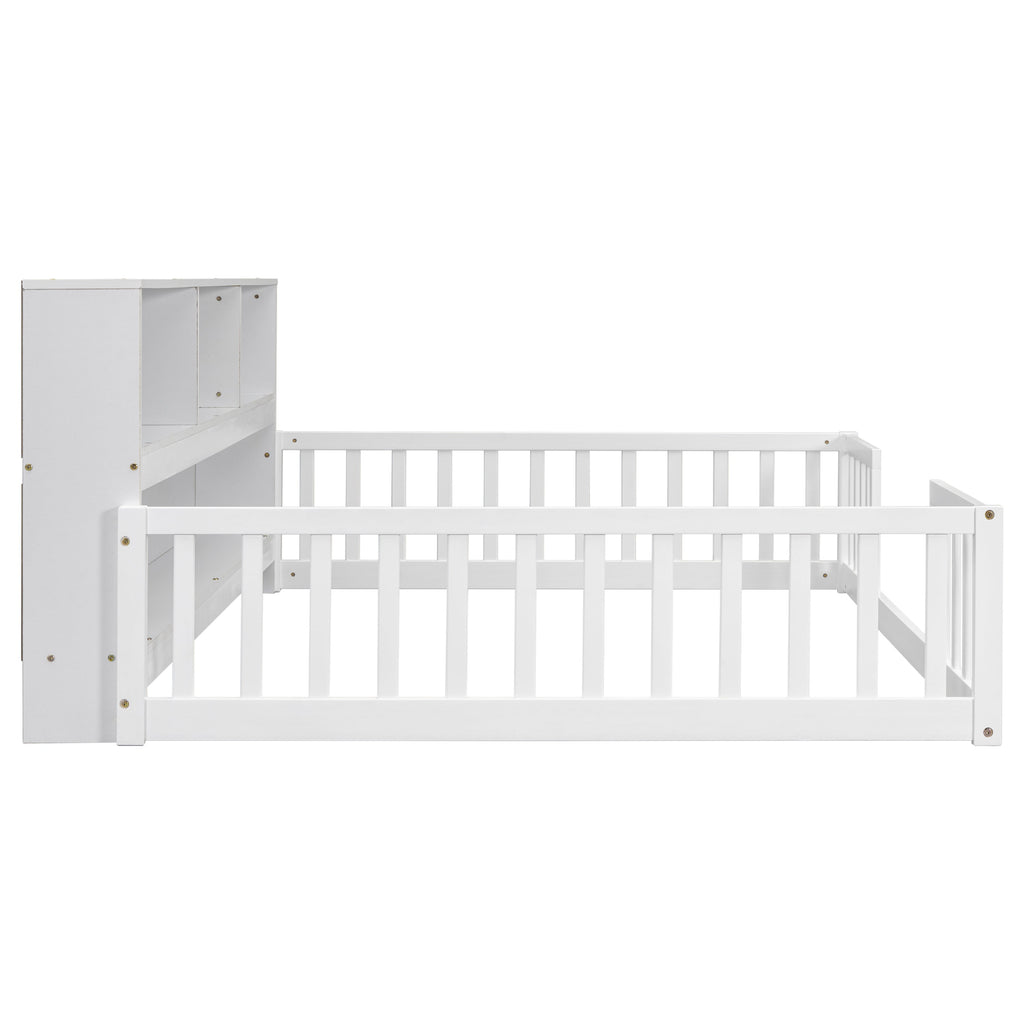 Toddler Full Bed with Side Bookcase,Shelves, & Guardrails - White