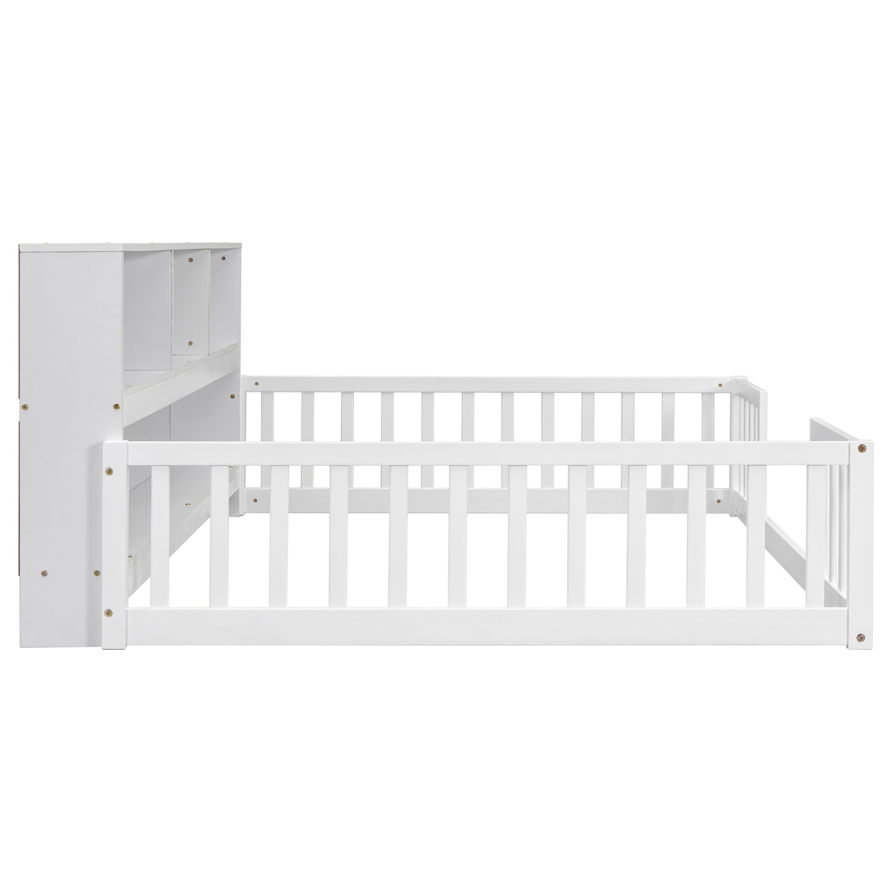 Toddler Full Bed with Side Bookcase,Shelves, & Guardrails - White
