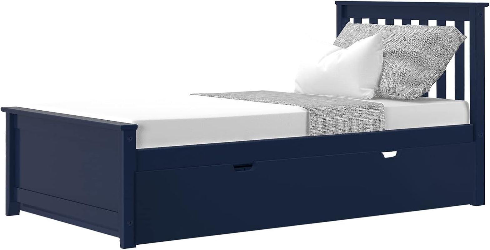 Twin Size Bed Frame With Trundle and Slatted Headboard - Blue