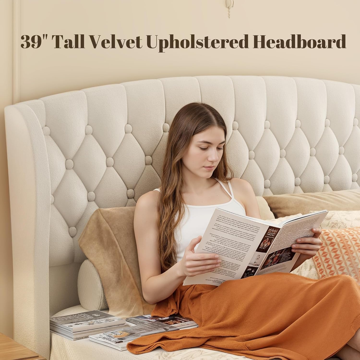 Queen Size Velvet Sleigh Bed With Wingback Headboard - White