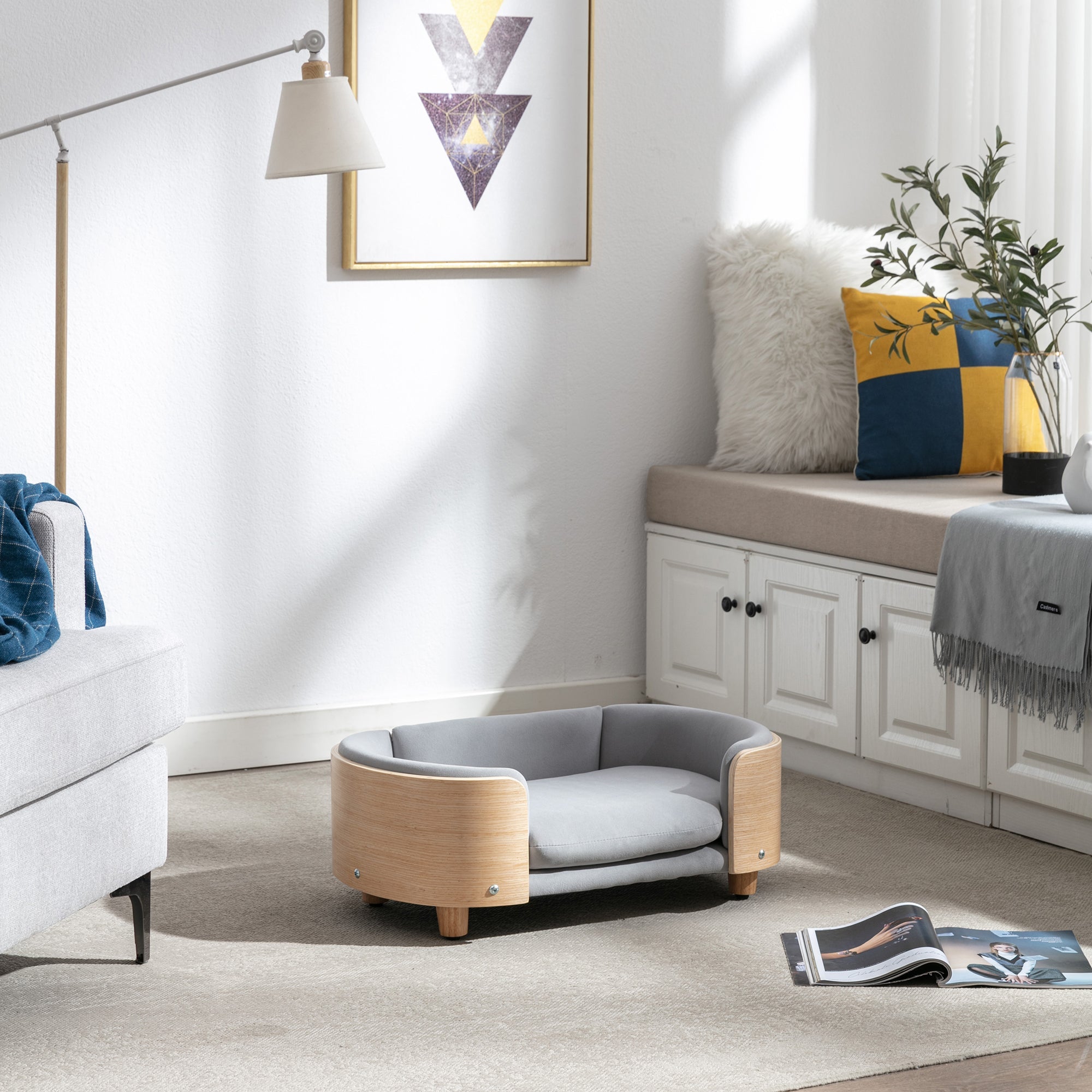 Scandinavian Velvet Pet Sofa Bed With Solid Wood Legs and Bent Wood Back- Small Size