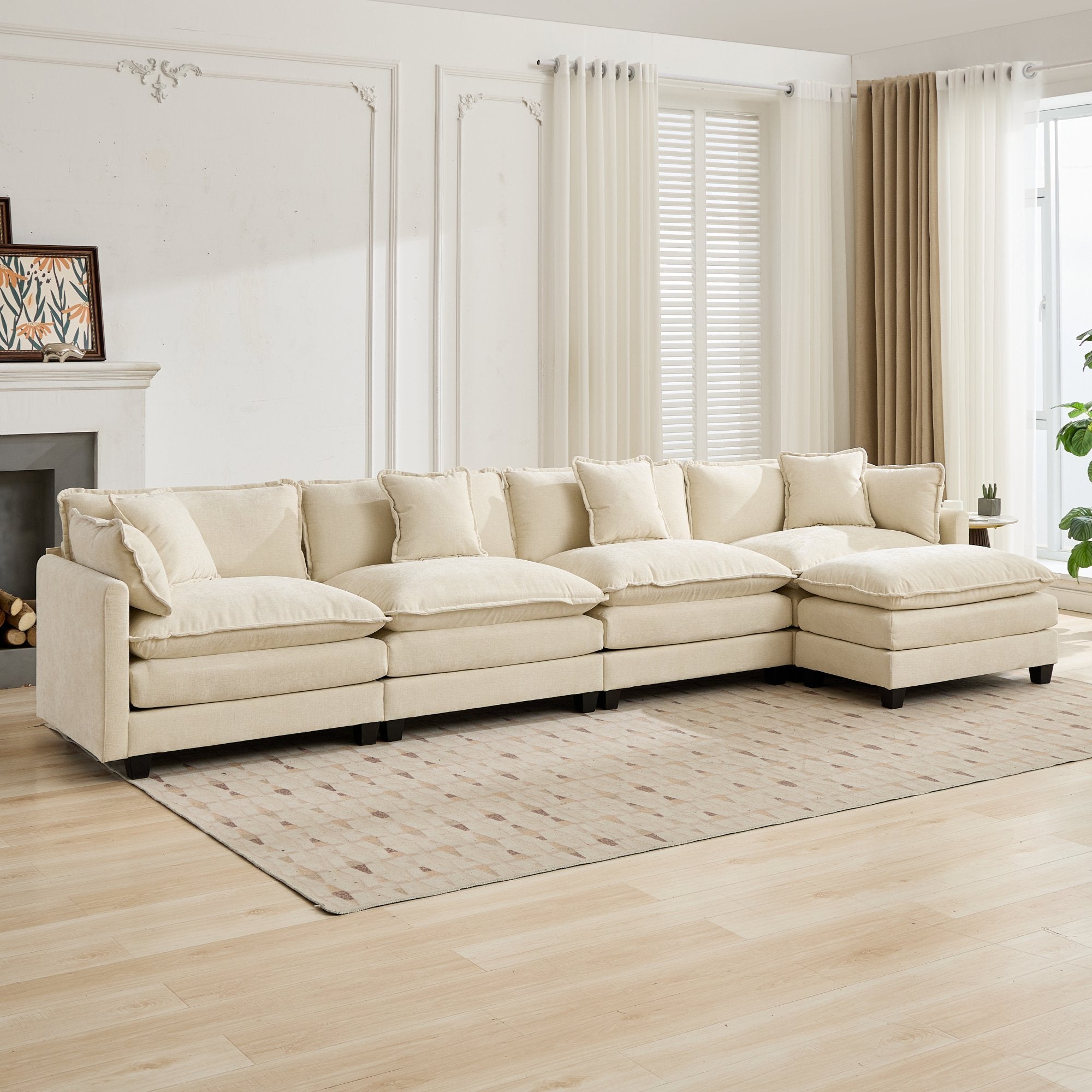 Cloud 4-Seats Sofa with Chenille Fabric in Beige - Ottoman not included
