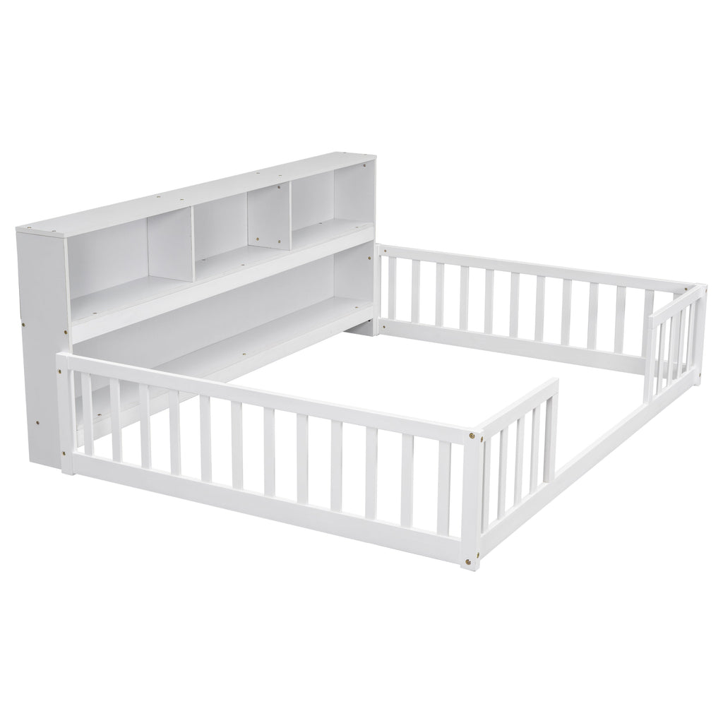 Toddler Full Bed with Side Bookcase,Shelves, & Guardrails - White