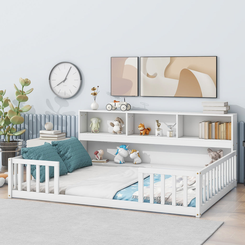 Toddler Full Bed with Side Bookcase,Shelves, & Guardrails - White