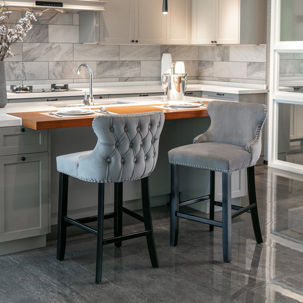 Velvet Upholstered Wing-Back Barstools with Button Tufted Decoration and Wooden Legs -Gray