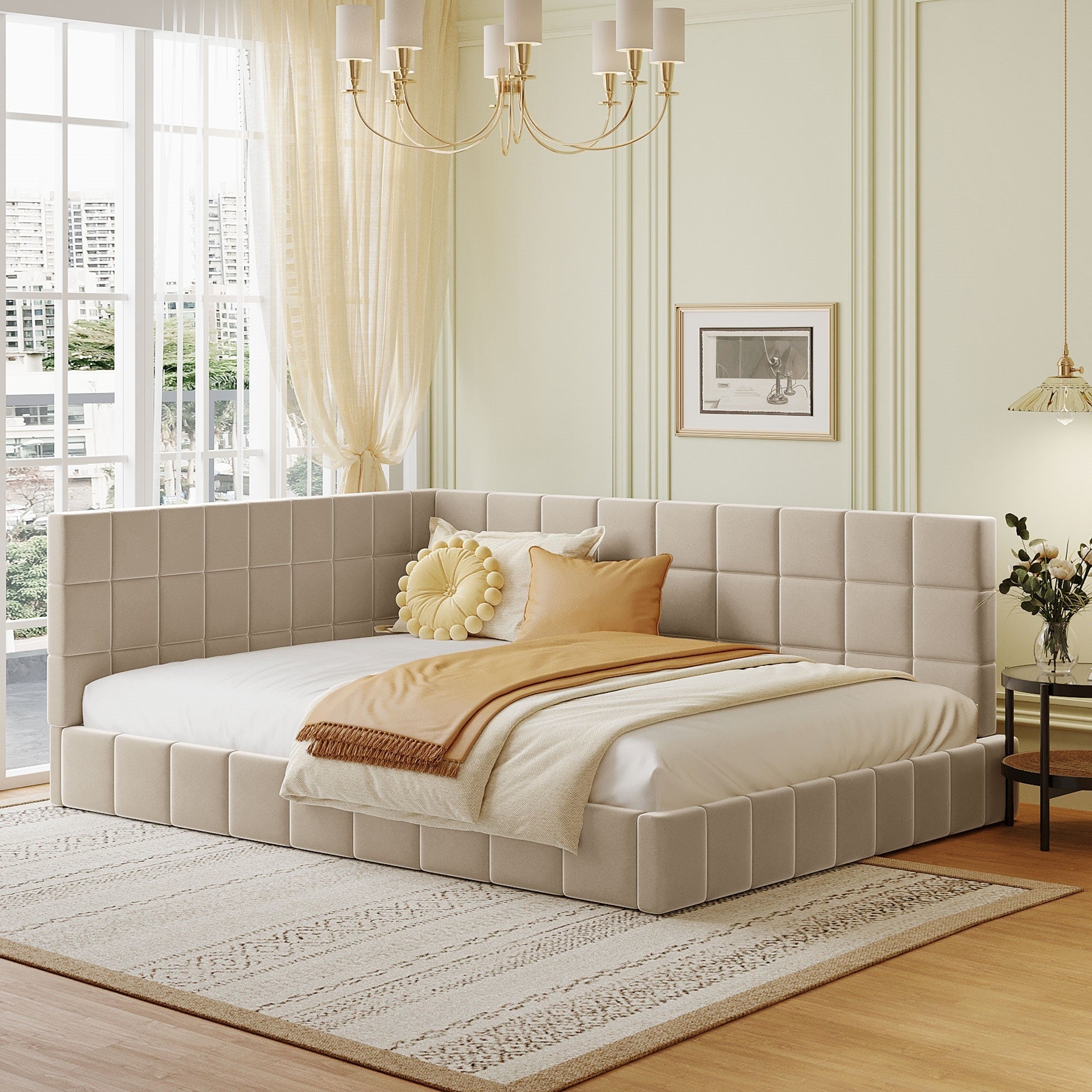 Full Size Beige Velvet Upholstered Daybed