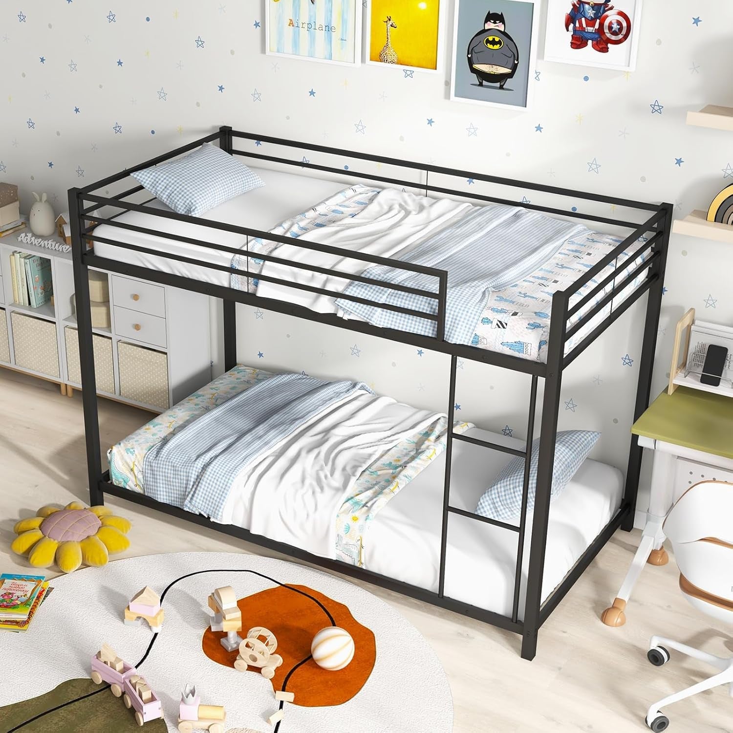 Metal Bunk Bed Twin Over Twin With Safety Guard Rails - Black
