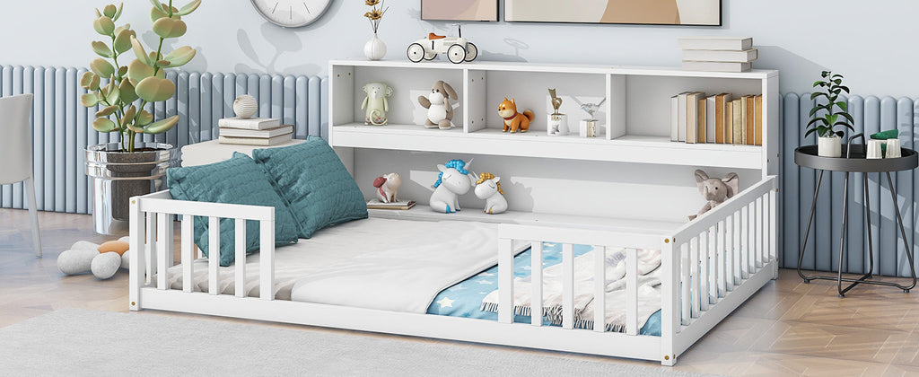 Toddler Full Bed with Side Bookcase,Shelves, & Guardrails - White
