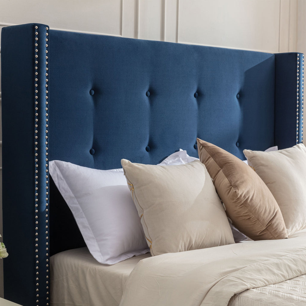 Peyton Upholstered Queen Bed with High Headboard and Traditional Buttoned Tufting in Blue Velvet