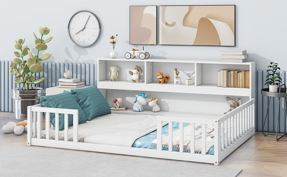 Toddler Full Bed with Side Bookcase,Shelves, & Guardrails - White