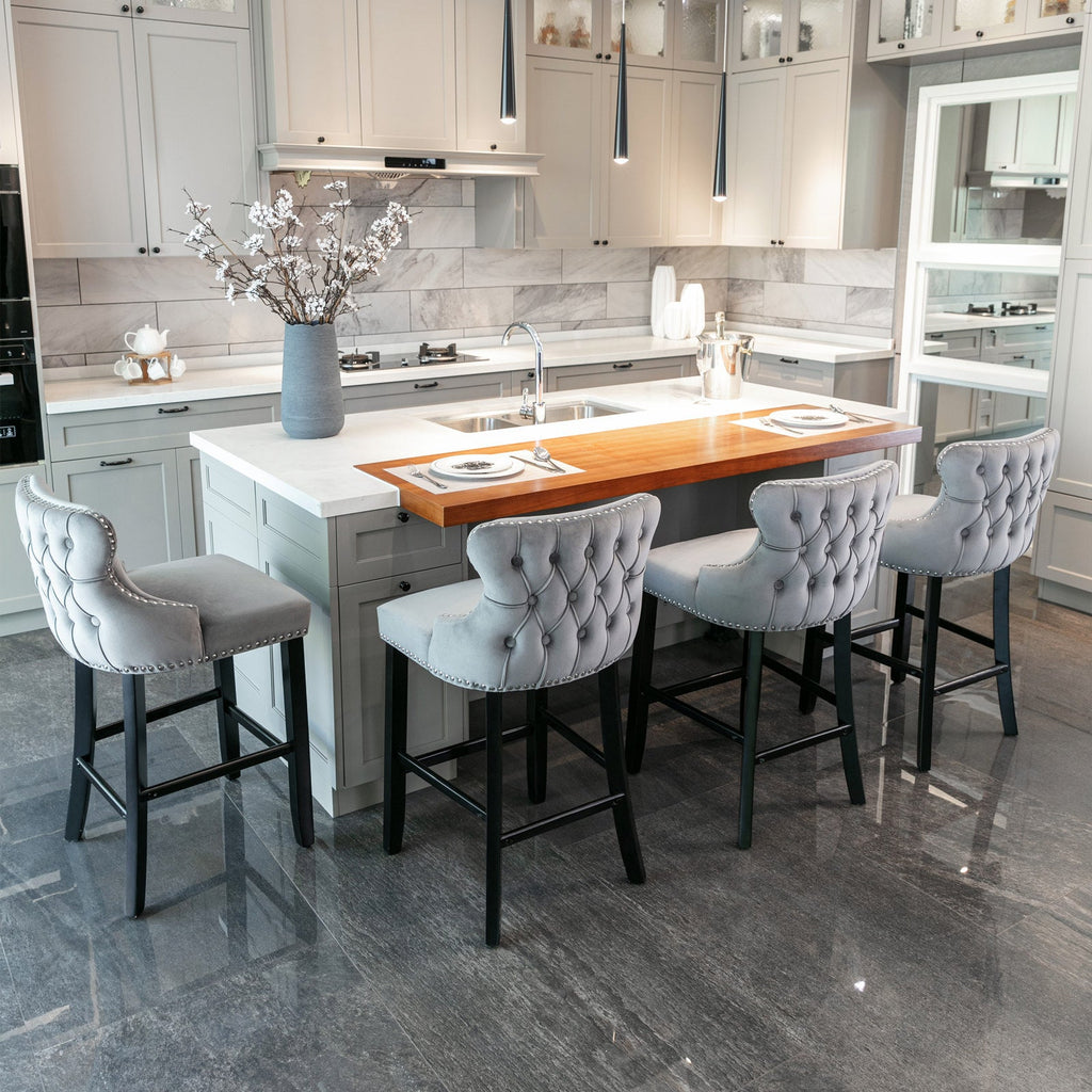 Velvet Upholstered Wing-Back Barstools with Button Tufted Decoration and Wooden Legs -Gray