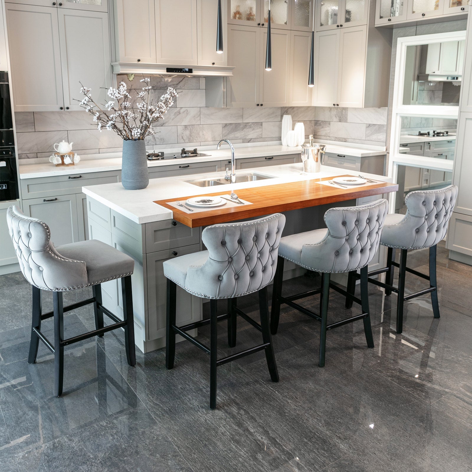 Velvet Upholstered Wing-Back Barstools with Button Tufted Decoration and Wooden Legs -Gray