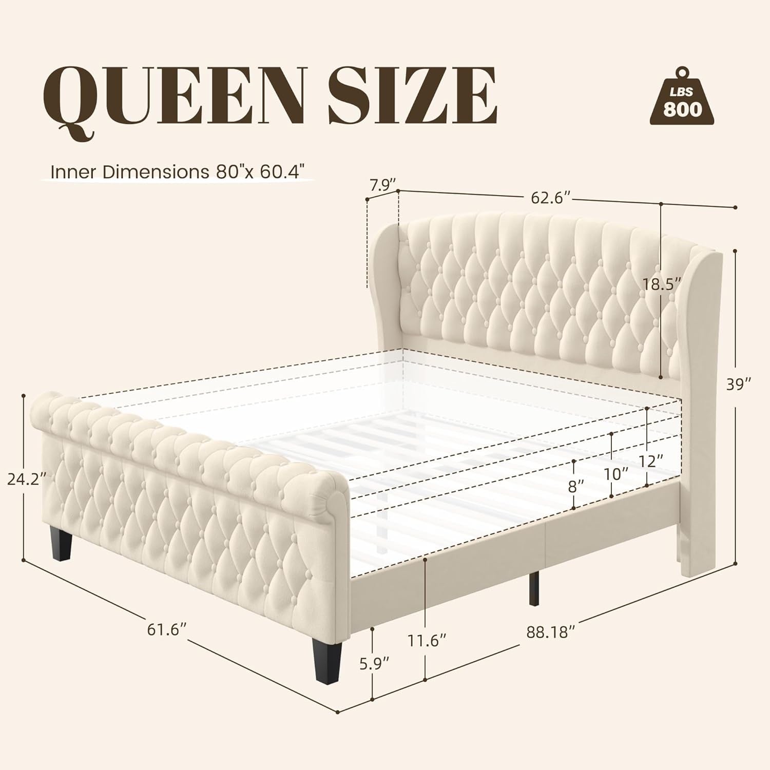 Queen Size Velvet Sleigh Bed With Wingback Headboard - White