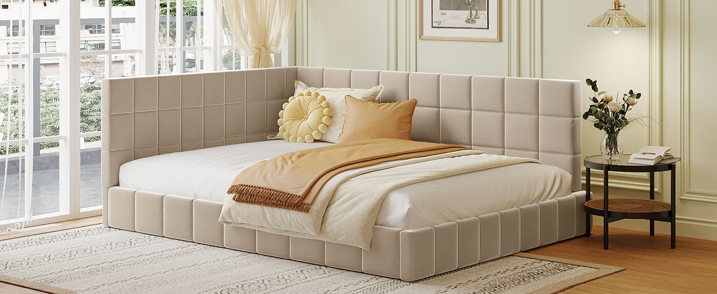 Full Size Beige Velvet Upholstered Daybed