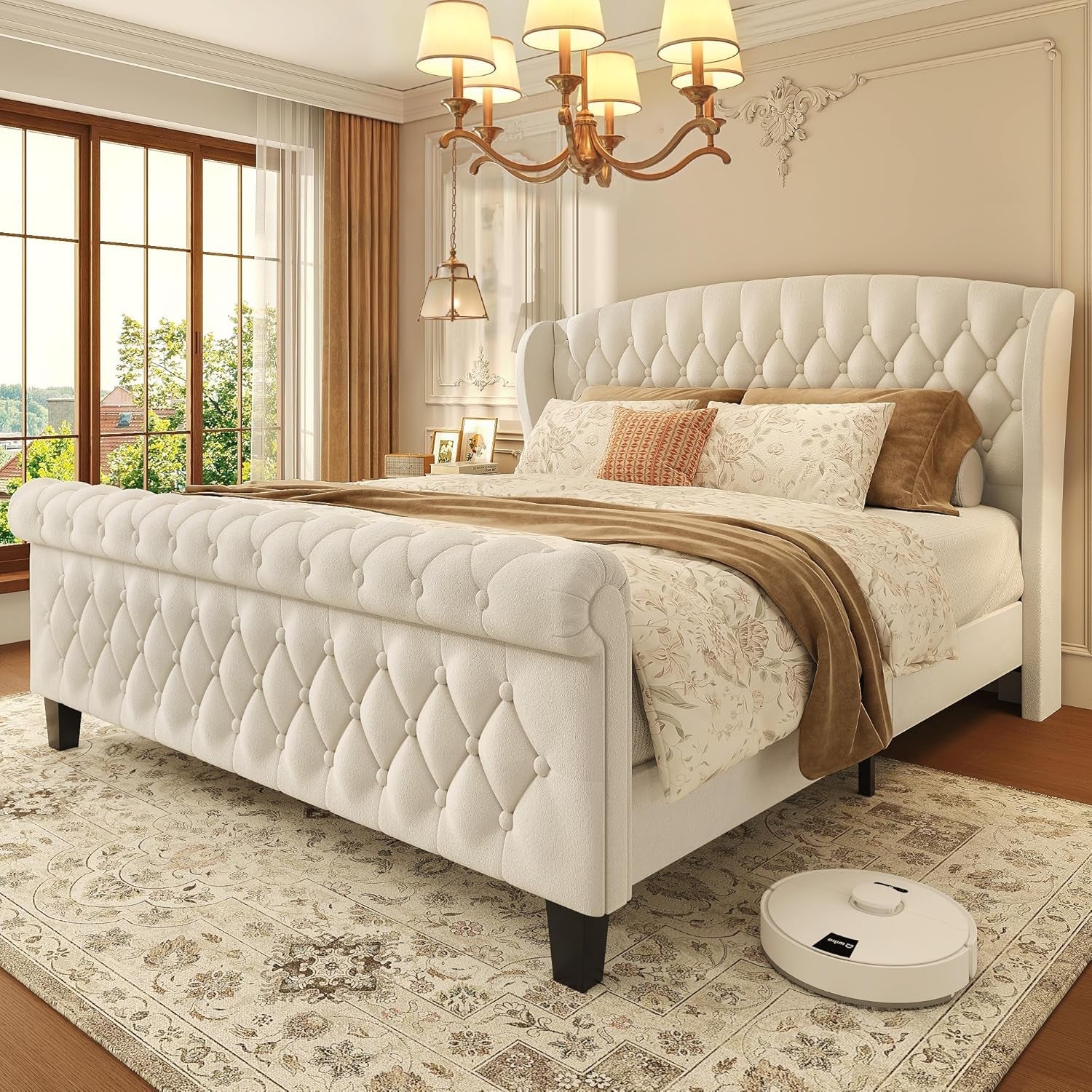 Queen Size Velvet Sleigh Bed With Wingback Headboard - White