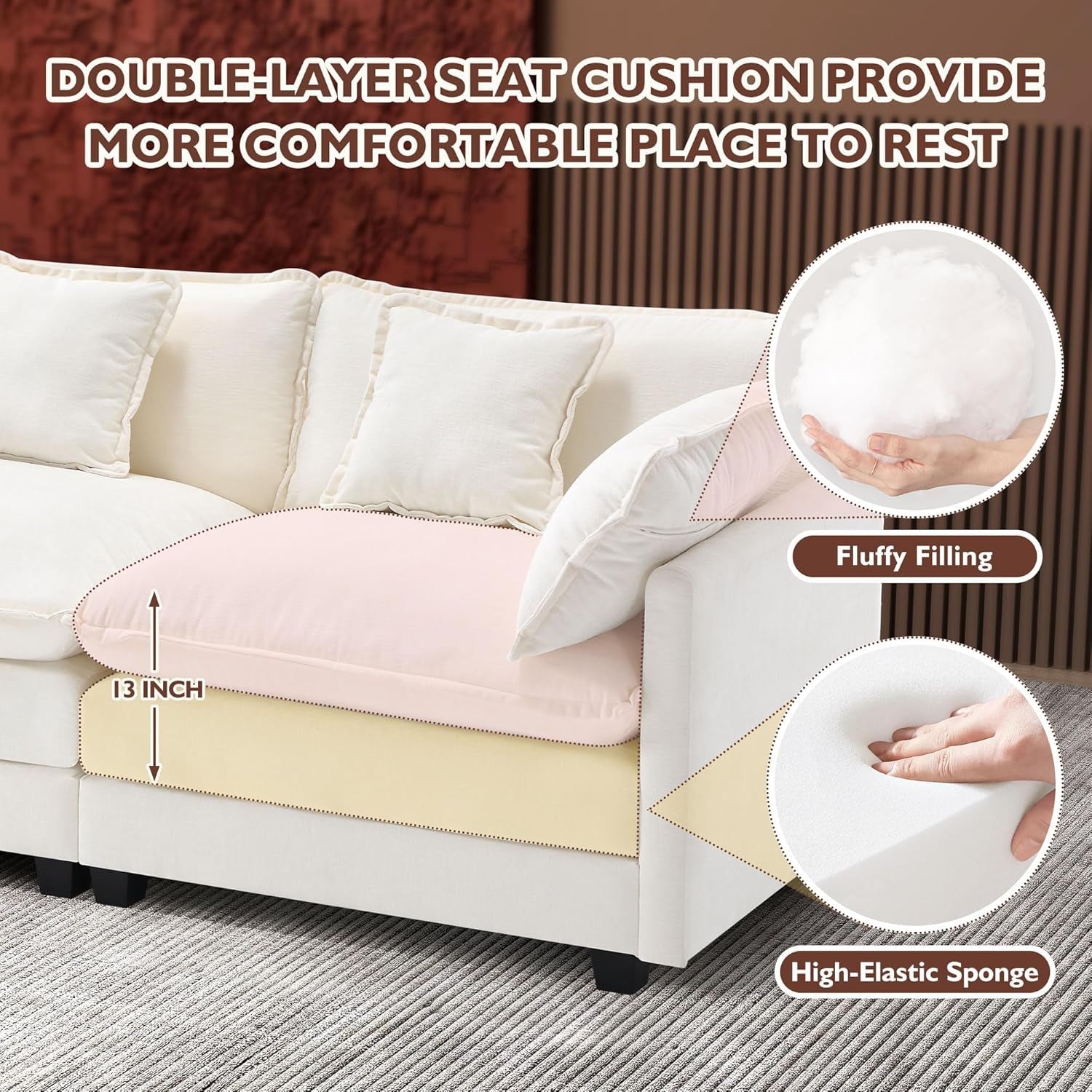 Cloud Sectional Sofa With Breathable Chenille Fabric - Beige