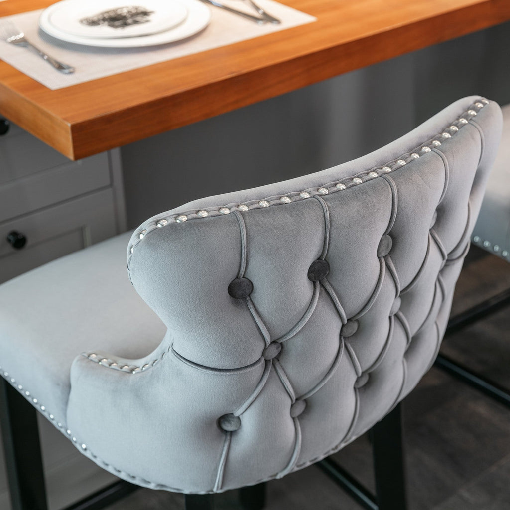Velvet Upholstered Wing-Back Barstools with Button Tufted Decoration and Wooden Legs -Gray