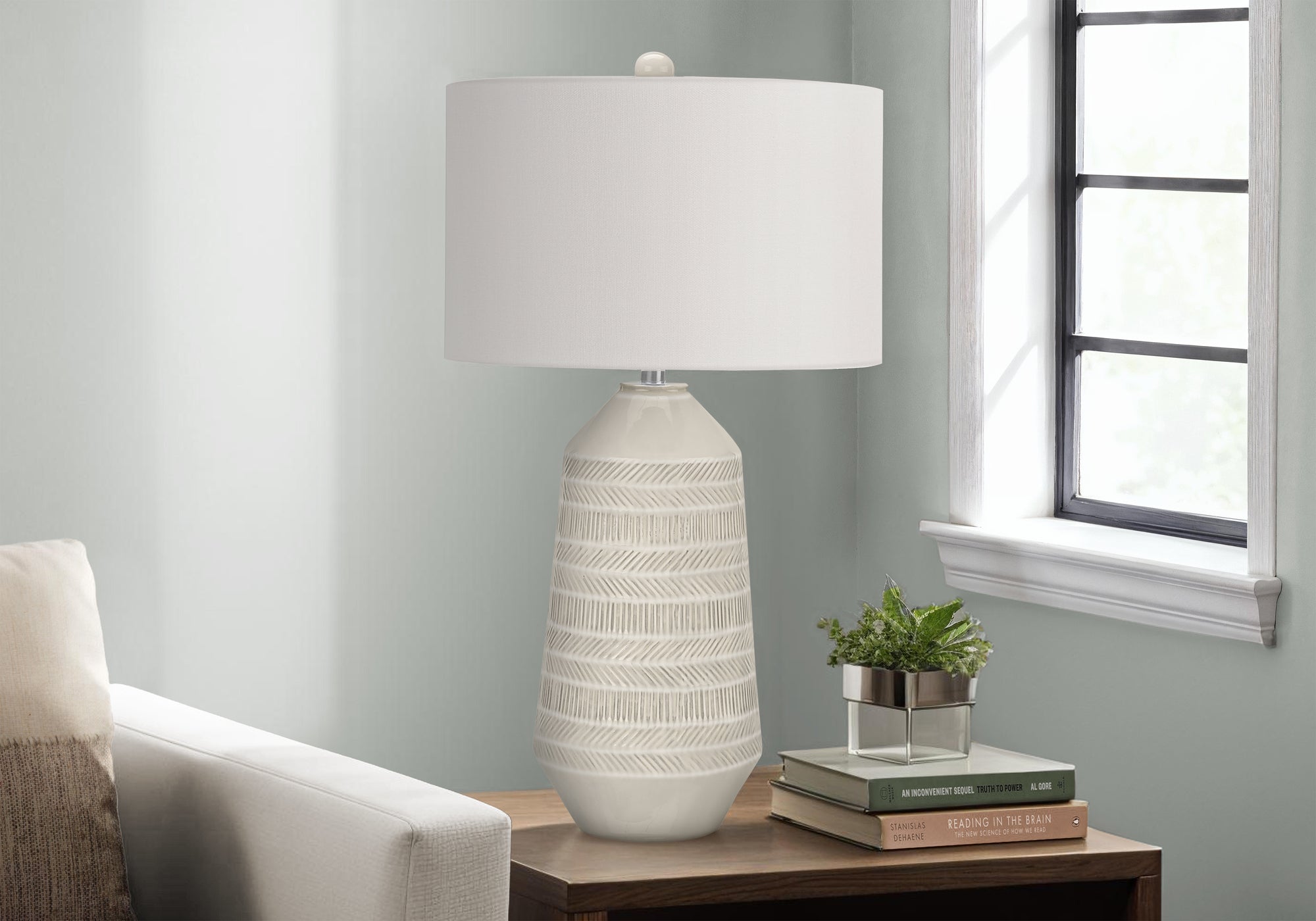 Contemporary Table Lamp with Ivory Shade and Cream Ceramic Base