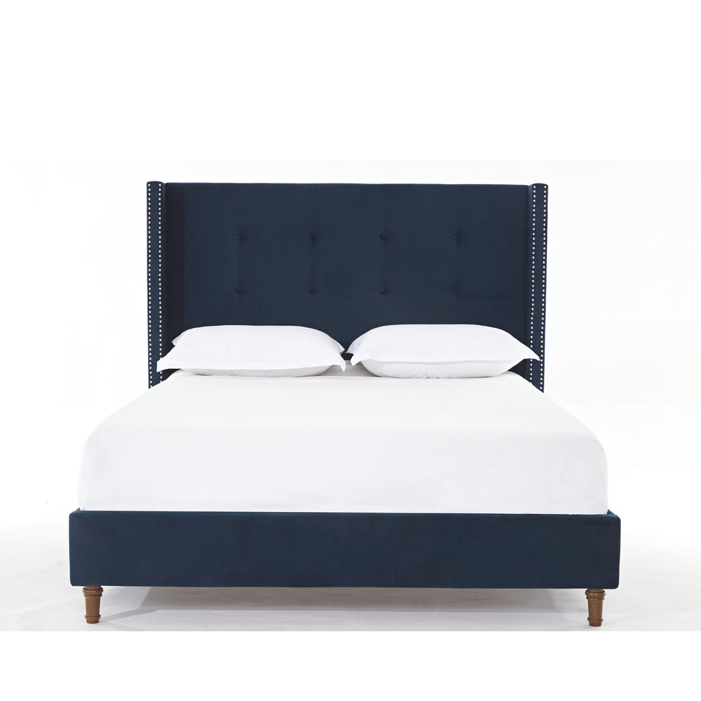 Peyton Upholstered Queen Bed with High Headboard and Traditional Buttoned Tufting in Blue Velvet
