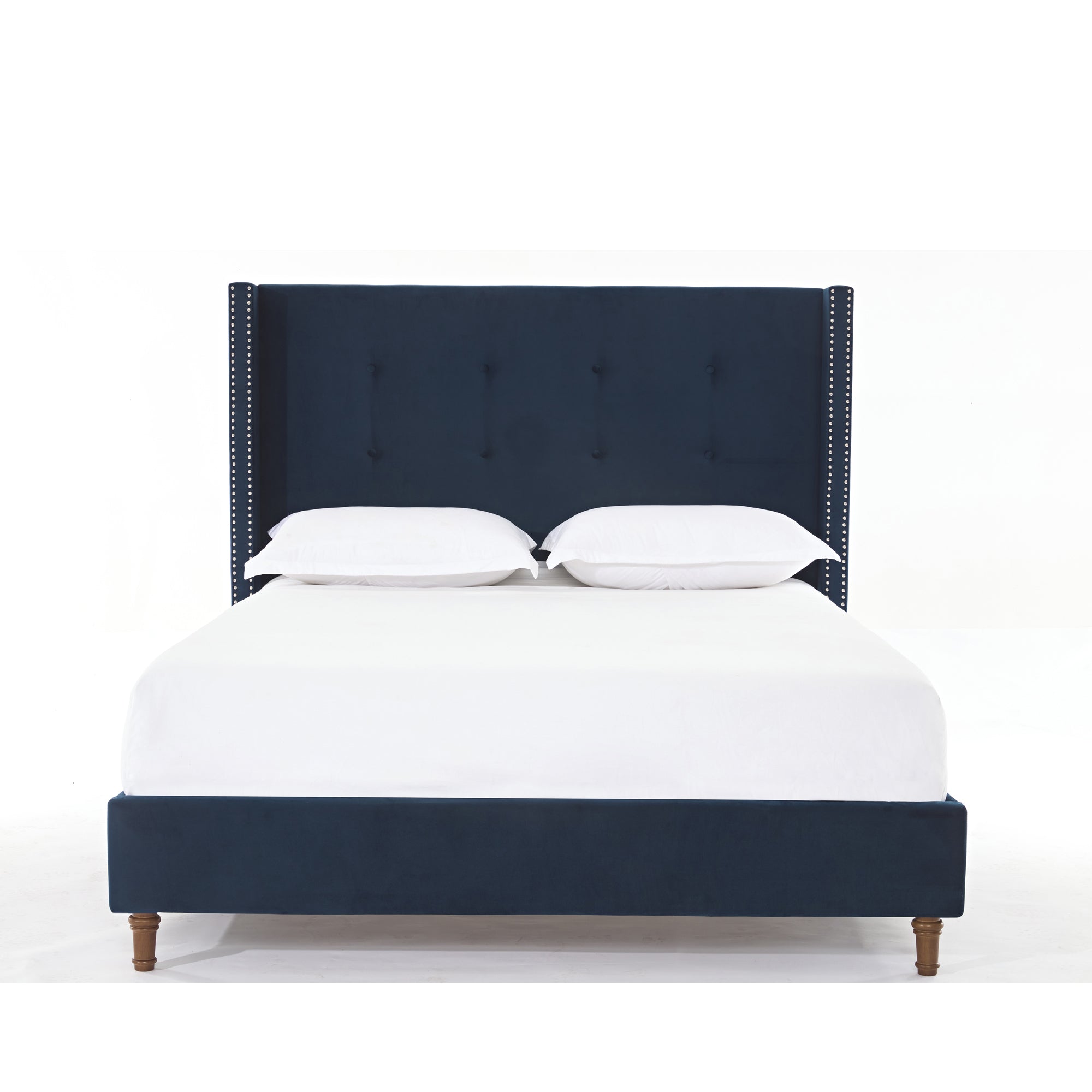 Peyton Upholstered Queen Bed with High Headboard and Traditional Buttoned Tufting in Blue Velvet