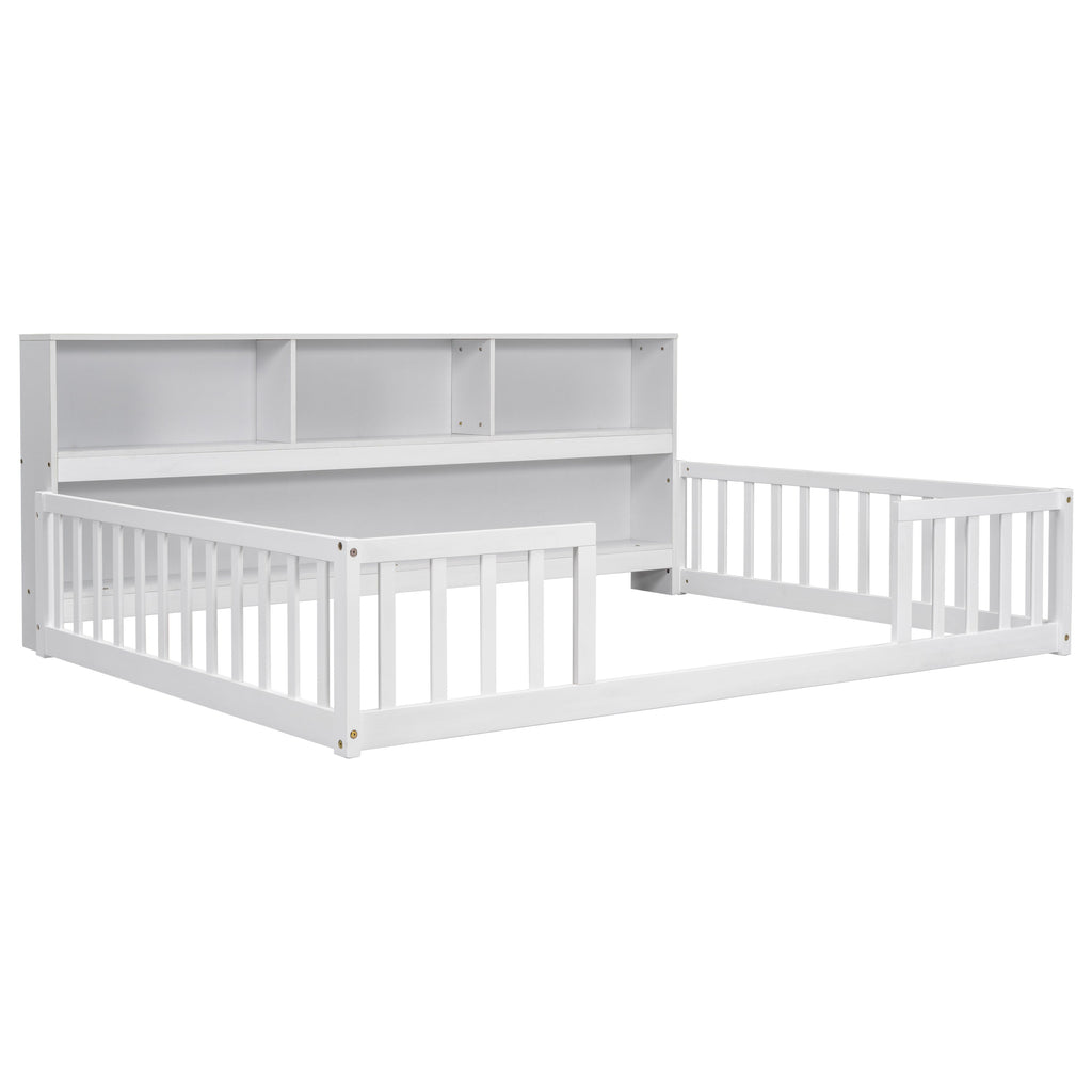 Toddler Full Bed with Side Bookcase,Shelves, & Guardrails - White