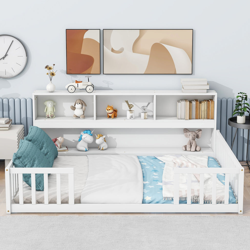 Toddler Full Bed with Side Bookcase,Shelves, & Guardrails - White