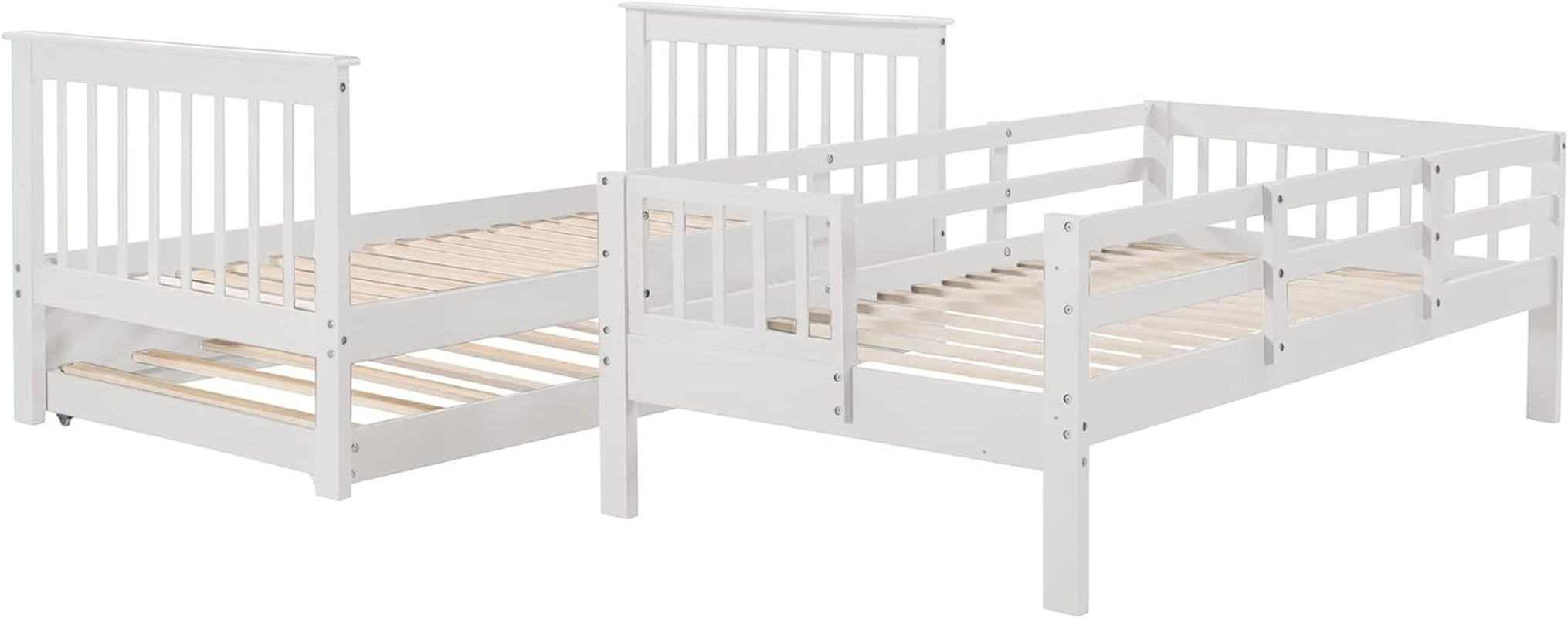 Wooden Twin Over Twin Bunk Bed with Stairs and Trundle - White