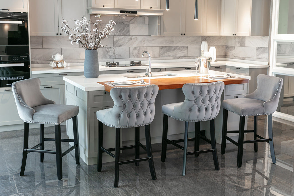 Velvet Upholstered Wing-Back Barstools with Button Tufted Decoration and Wooden Legs -Gray