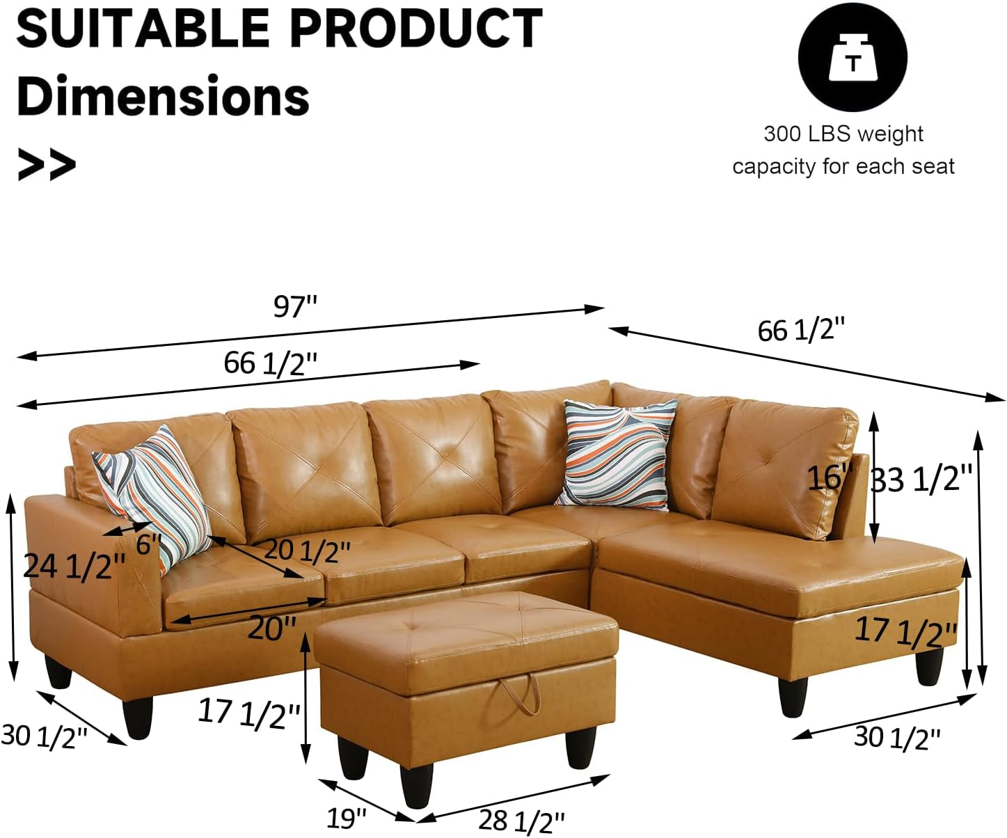 Leather Sectional  L Shape Sofa With Storage Ottoman - Ginger