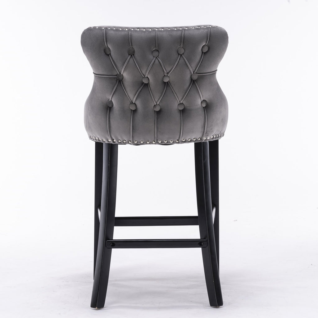 Velvet Upholstered Wing-Back Barstools with Button Tufted Decoration and Wooden Legs -Gray