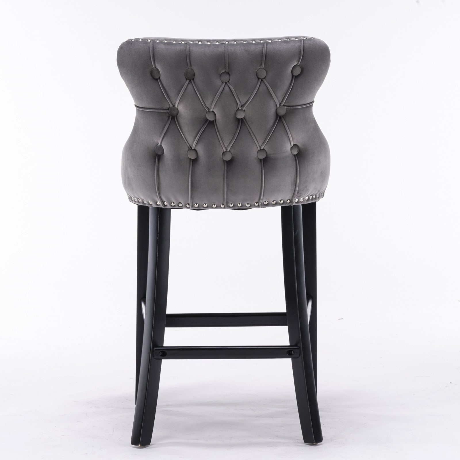 Velvet Upholstered Wing-Back Barstools with Button Tufted Decoration and Wooden Legs -Gray