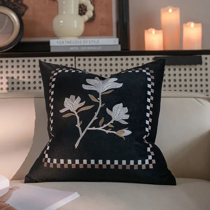 DecorBites™ French Vintage Magnolia Embroidered Velvet Throw Pillow Case