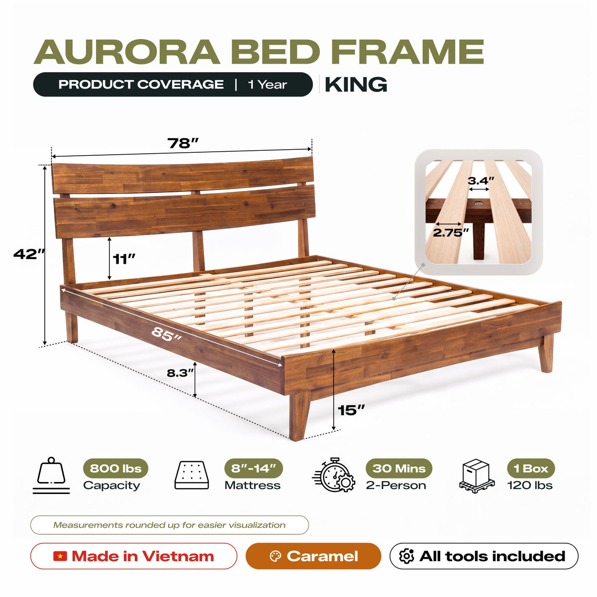 Acacia Solid Wood Bed Frame - Aurora Style for a Stylish Bedroom