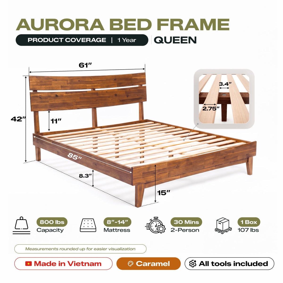 Acacia Solid Wood Bed Frame - Aurora Style for a Stylish Bedroom