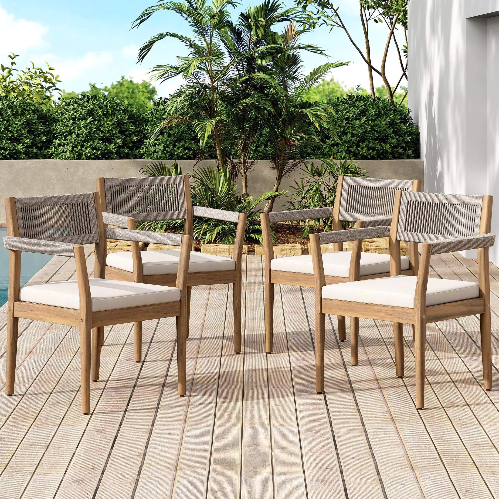 Alora Premium 5-Piece Outdoor Acacia Wood Patio Furniture Set With Braided Dining Chairs, Cushions, And Dining Table