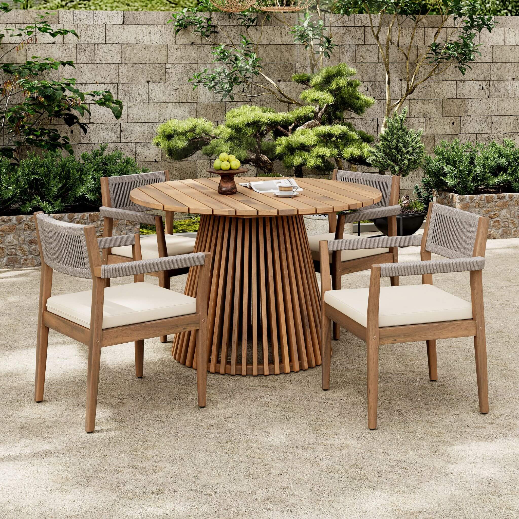 Alora Premium 5-Piece Outdoor Acacia Wood Patio Furniture Set With Braided Dining Chairs, Cushions, And Dining Table