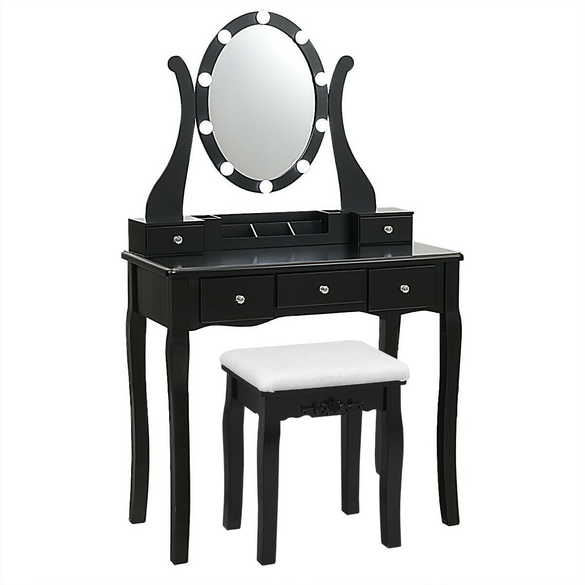 10 Dimmable Lights Vanity Table Set with Lighted Mirror and Cushioned Stool - Black