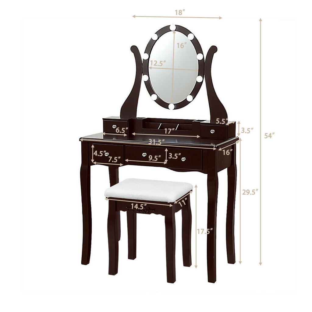 10 Dimmable Lights Vanity Table Set with Lighted Mirror and Cushioned Stool - Coffee