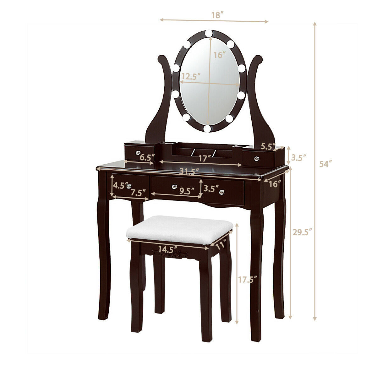 10 Dimmable Lights Vanity Table Set with Lighted Mirror and Cushioned Stool - Coffee