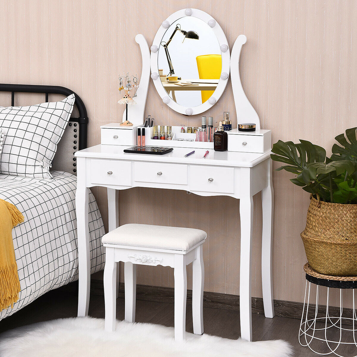 10 Dimmable Lights Vanity Table Set with Lighted Mirror and Cushioned Stool - White