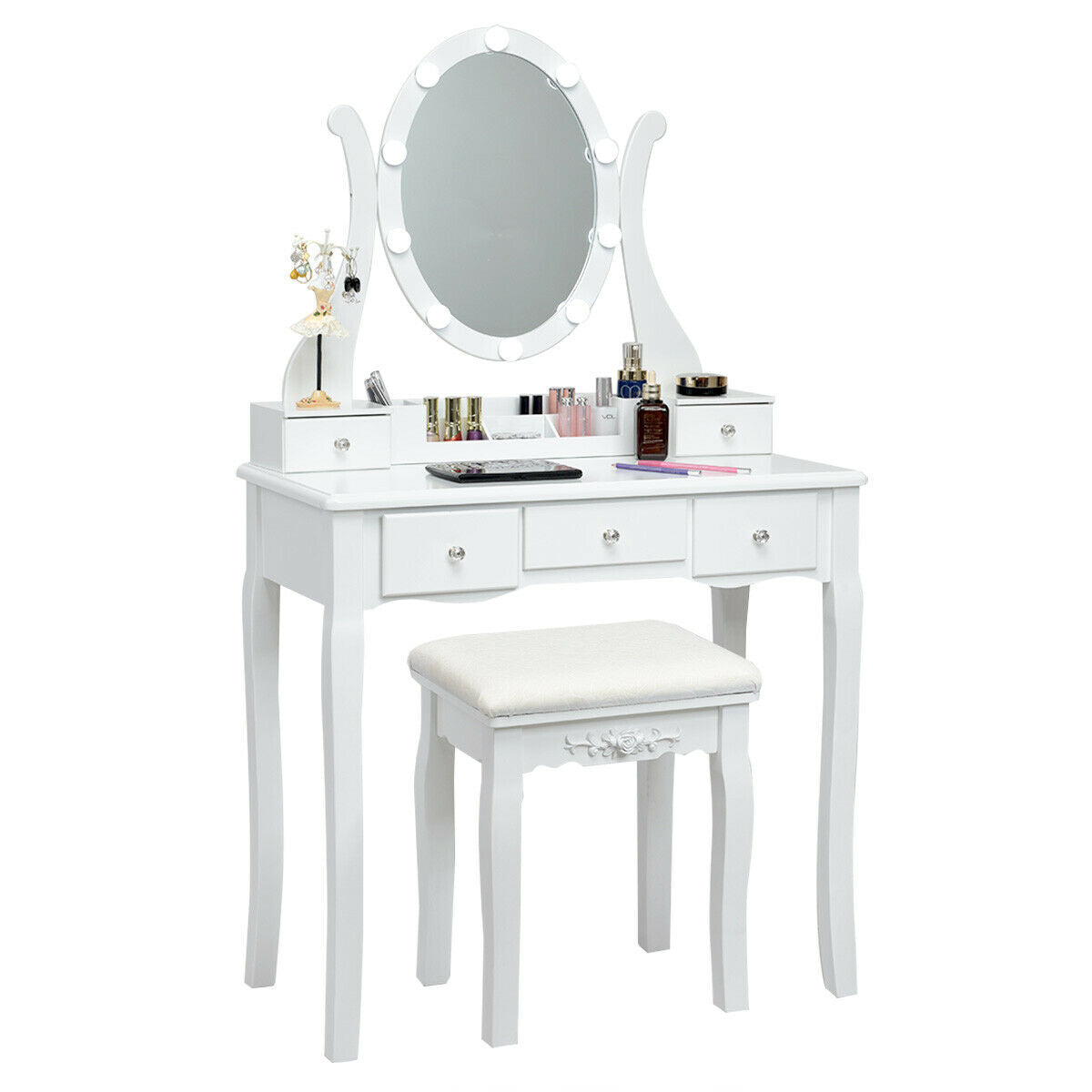 10 Dimmable Lights Vanity Table Set with Lighted Mirror and Cushioned Stool - White