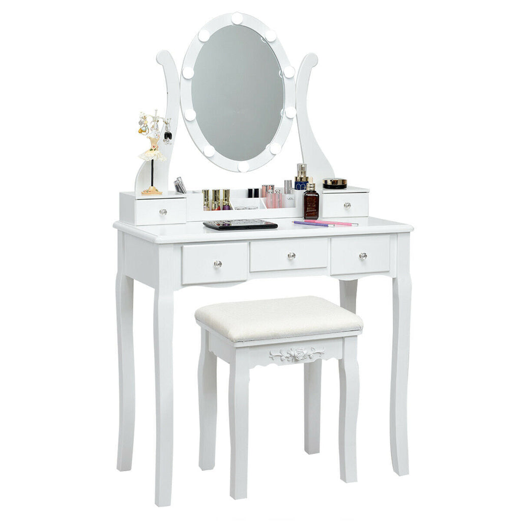 10 Dimmable Lights Vanity Table Set with Lighted Mirror and Cushioned Stool - Black