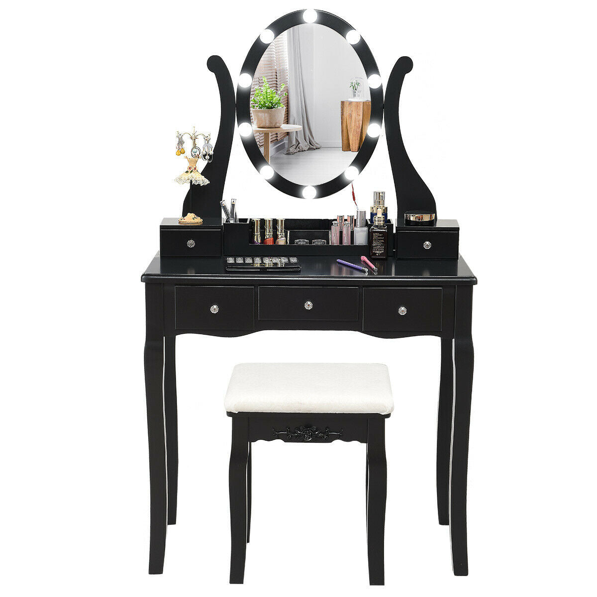 10 Dimmable Lights Vanity Table Set with Lighted Mirror and Cushioned Stool - Black