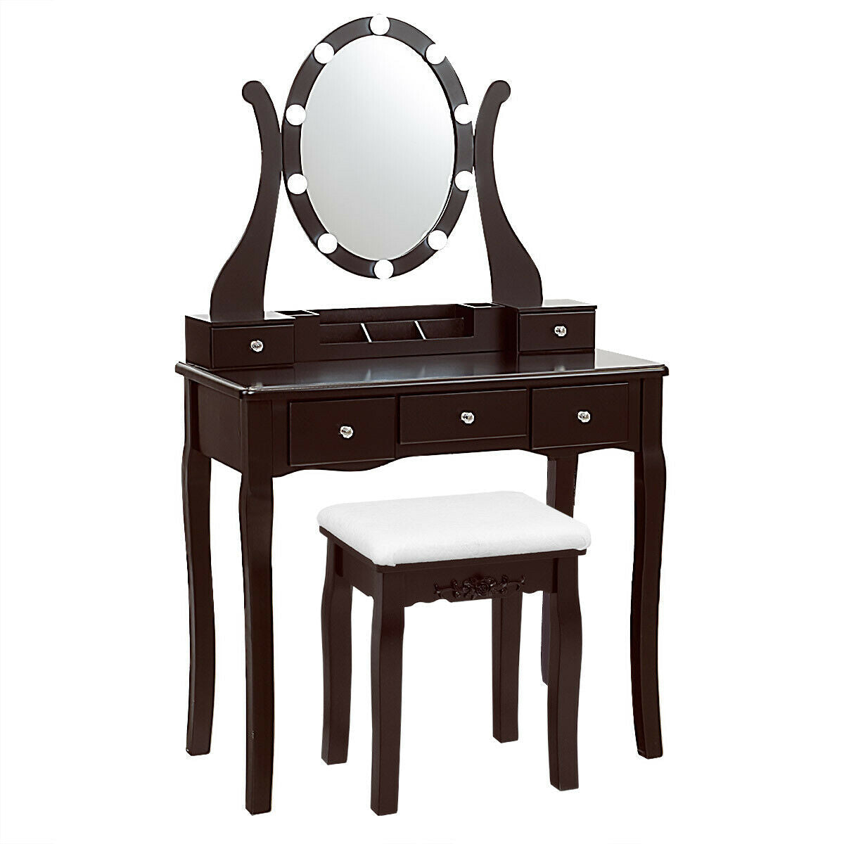 10 Dimmable Lights Vanity Table Set with Lighted Mirror and Cushioned Stool - Coffee